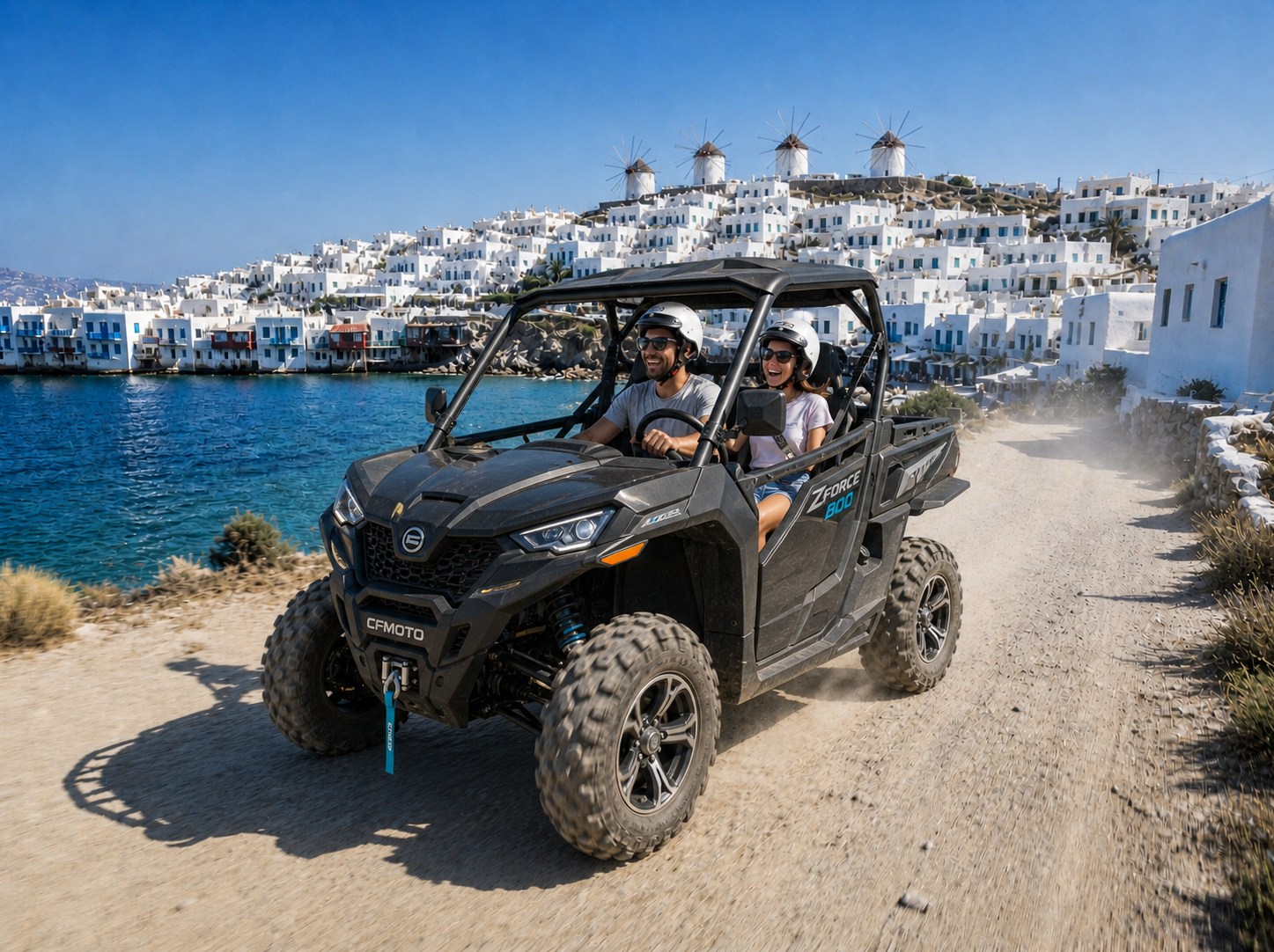 Rugged north-coast Mykonos beach reached by adventure vehicle