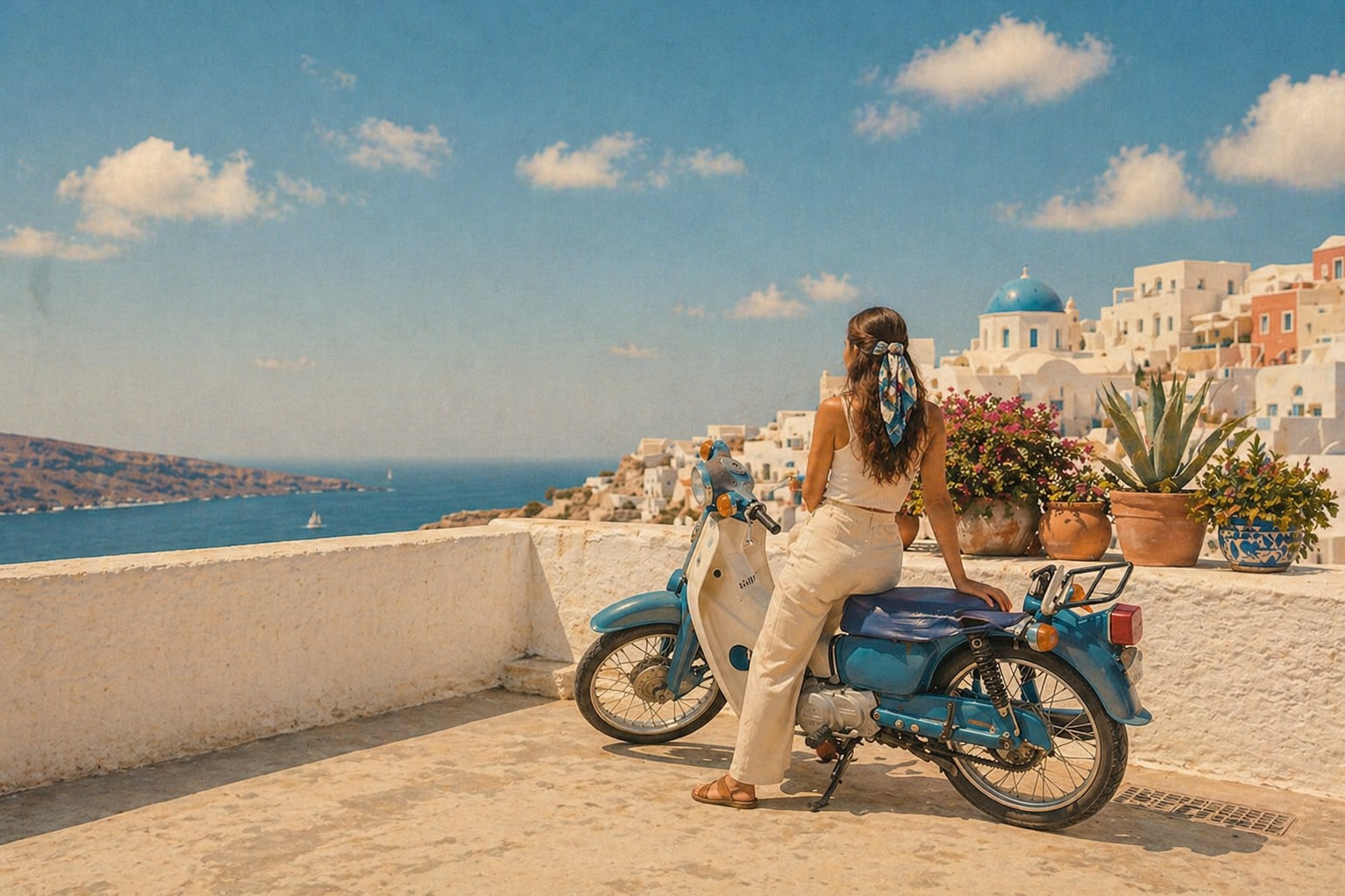 View of Fira village in Santorini — a classic scooter destination